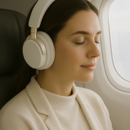 Femme sereine dans un avion avec le casque PulseAir